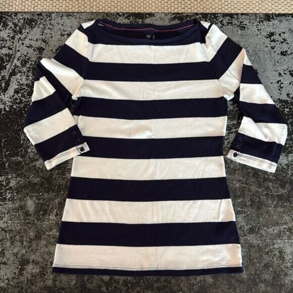 Gap Factory Navy/White Rugby Striped 3/4 Sleeve Boatneck Top Size S - Picture 2 of 5